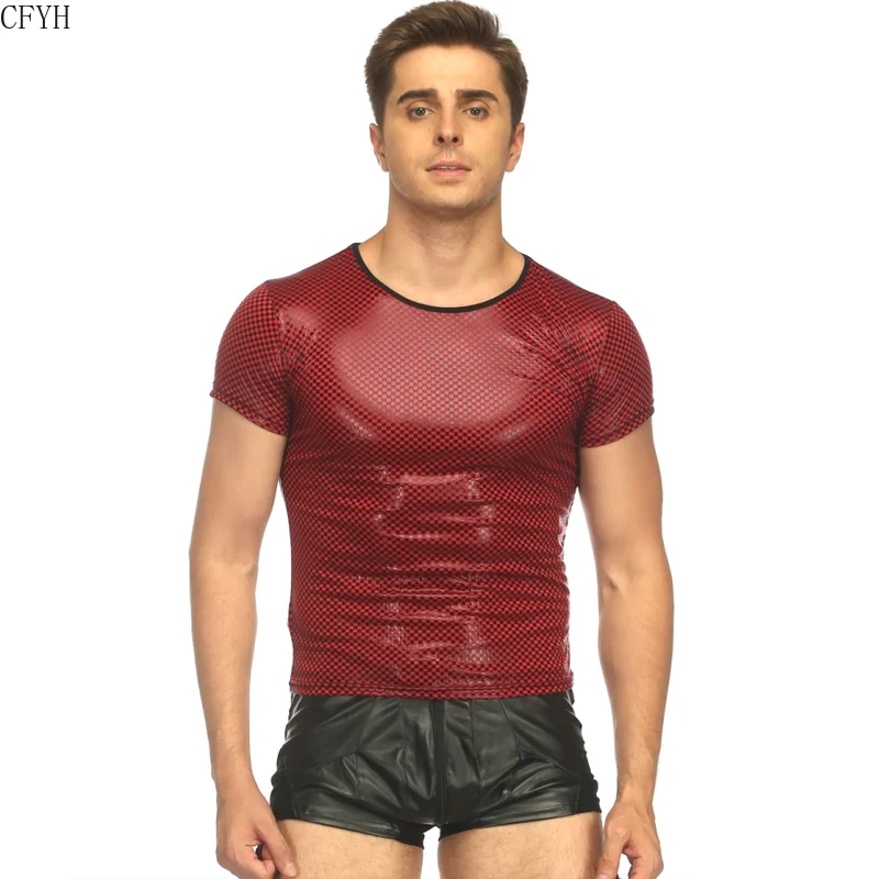 Сексуальная мужская Глянцевая обтягивающая футболка высокое качество топ