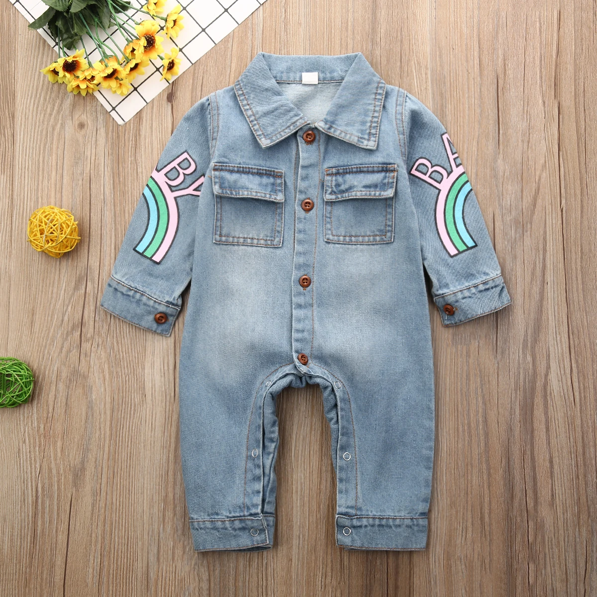 Toddler Newborn Baby Boy Clothes Kid Cartoon Giraffe Print Denim Fabric Romper Jumpsuit Autumn Winter Outfit 0-18months |
