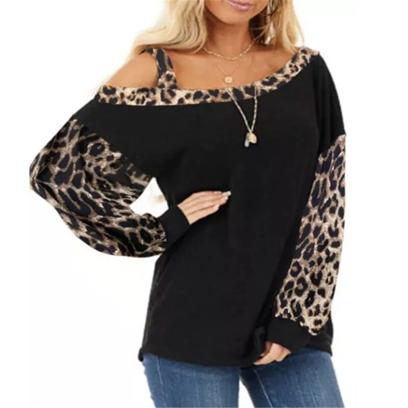 

2020 new women's leopard print stitching one neck sexy T-shirt loose top