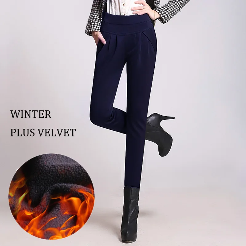 navy plus velvet Новые модные женские элегантные повседневные шаровары с высокой талией, офисные свободные штаны с карманами размера плюс 6XL, женские зимние штаны - Цвет: navy plus velvet