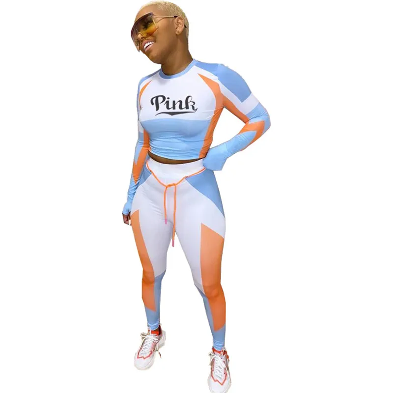 

dn8539 Color Block Stitching Letters Long Sleeve Round Neck Body Shaping Two Piece Sports Suit Women Women 2020 Clothing