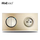 Настенный выключатель Wallpad L6, золотистый, 2 клавиши, синий светодиодный индикатор, Французская электрическая розетка, золотистая матовая алюминиевая металлическая панель