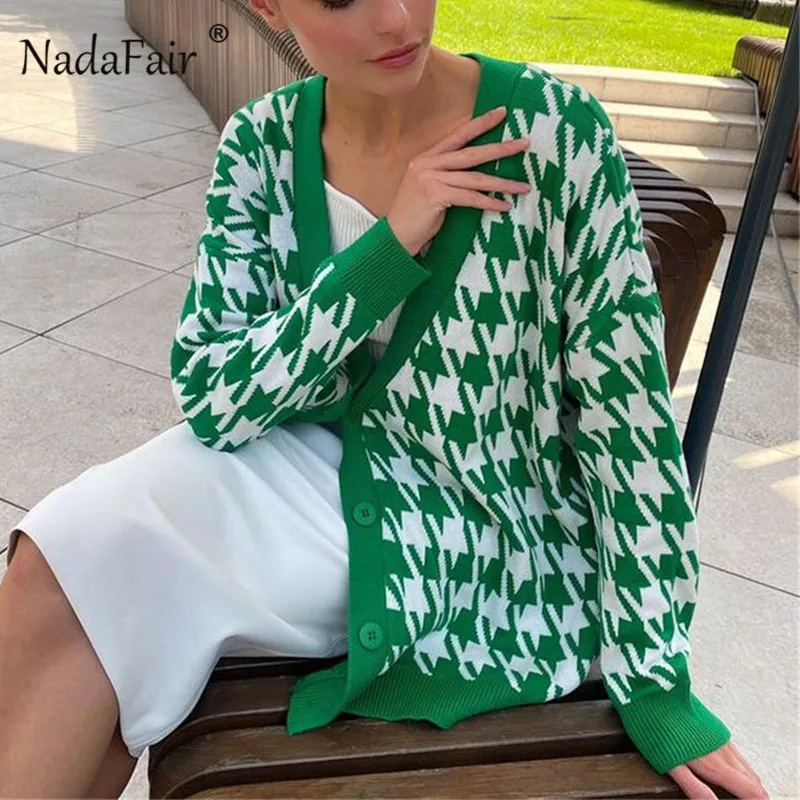 Nadafair Хаундстут вязаный кардиган оверсайз зеленый 2021 винтажный свитер джемпер