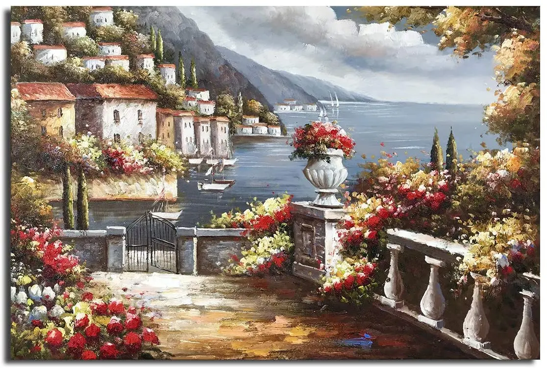 

100% Hand Painted Canvas Wall Art Italy Town Mediterranean Tuscany Sea Coast Flowers Oil Painting No Framed Wall Decor