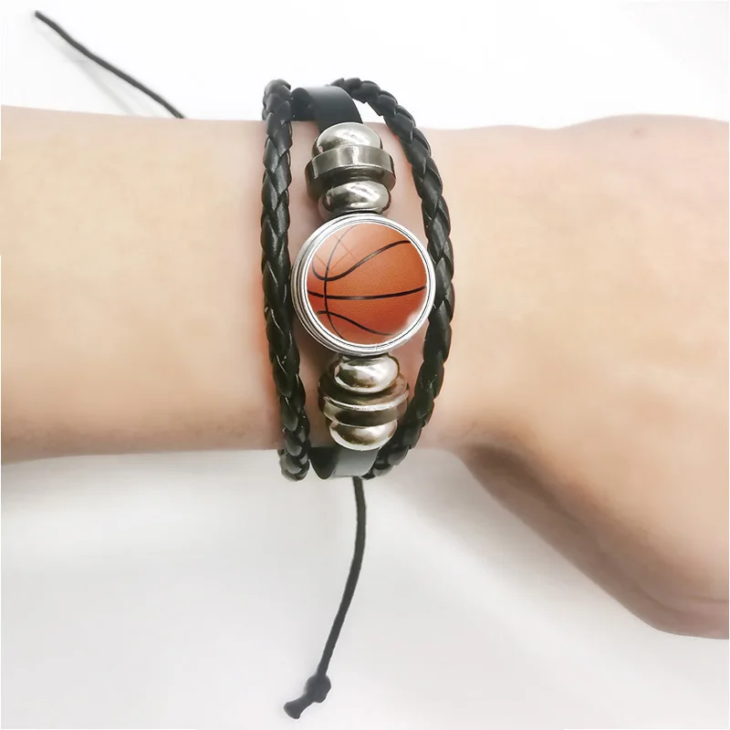 

Men Charm Leather Bracelet Weave Glass Metal Braided Bangle Adjustable Football Basketball Baseball Sport Ball Jewelry Gift