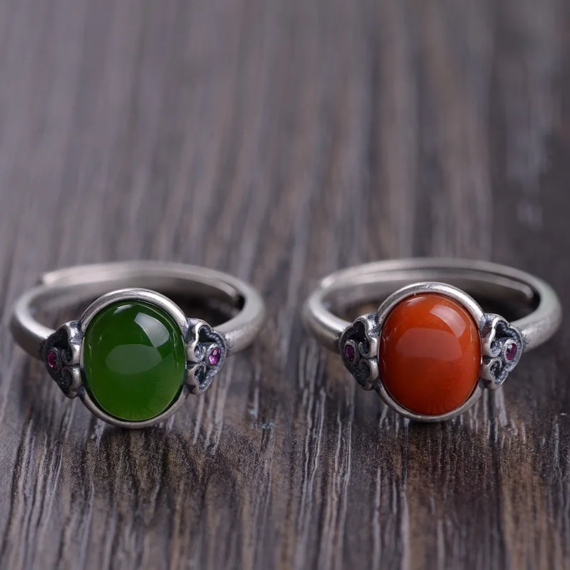 

Real 925 Sterling Silver Rings For Women Natural Carnelian And Jade Setting Small Vintage Rings Resizable