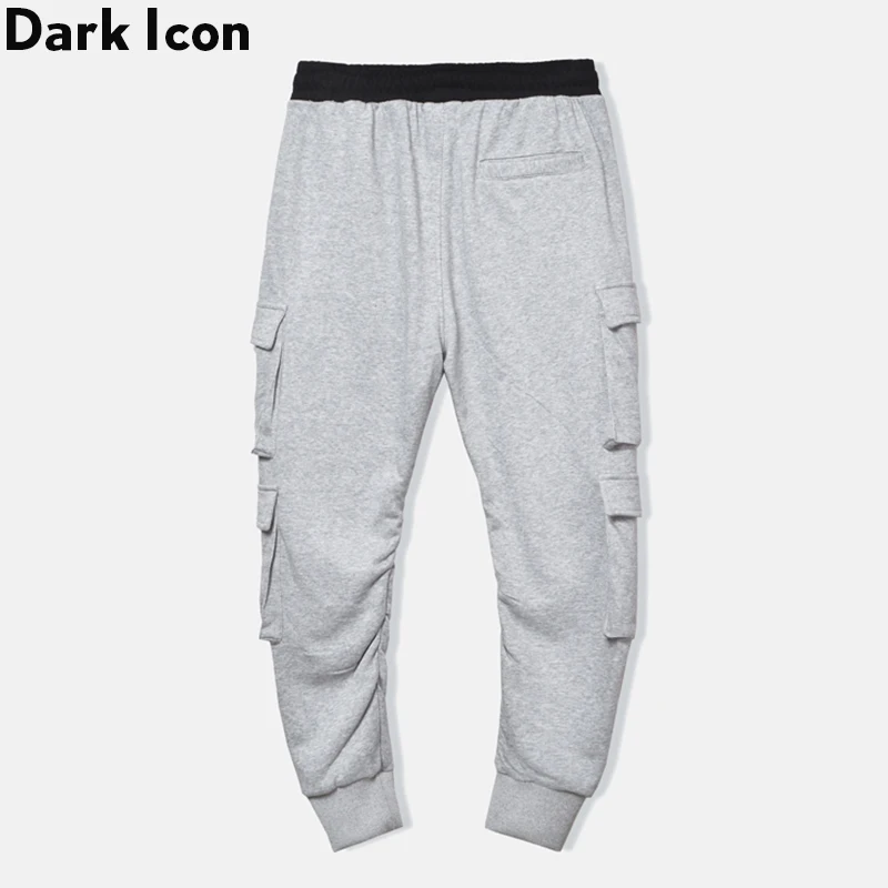 Темные значки боковые карманы Карго пот брюки для мужчин эластичный пояс шнурок