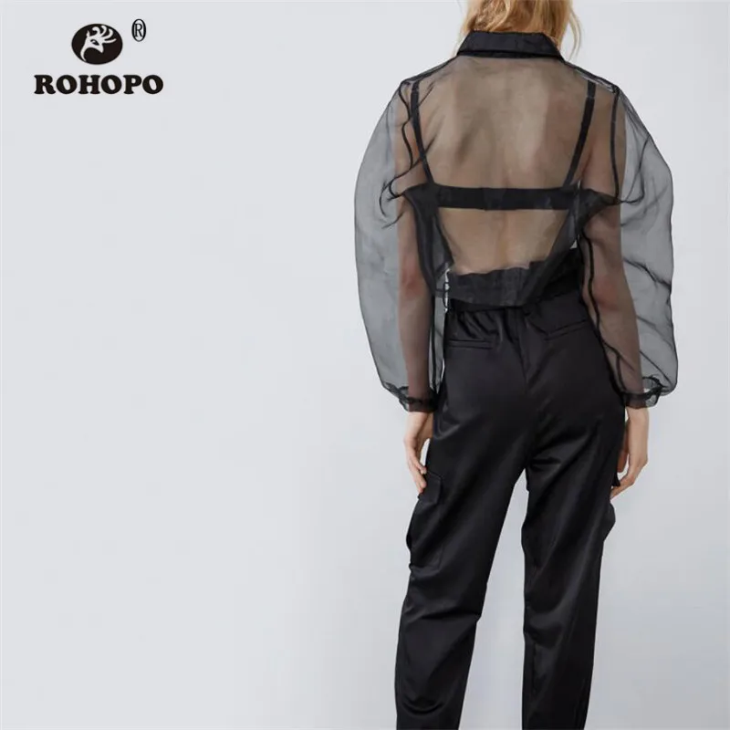 ROHOPO/блузка из прозрачного тюля с длинными рукавами пышными и воротником