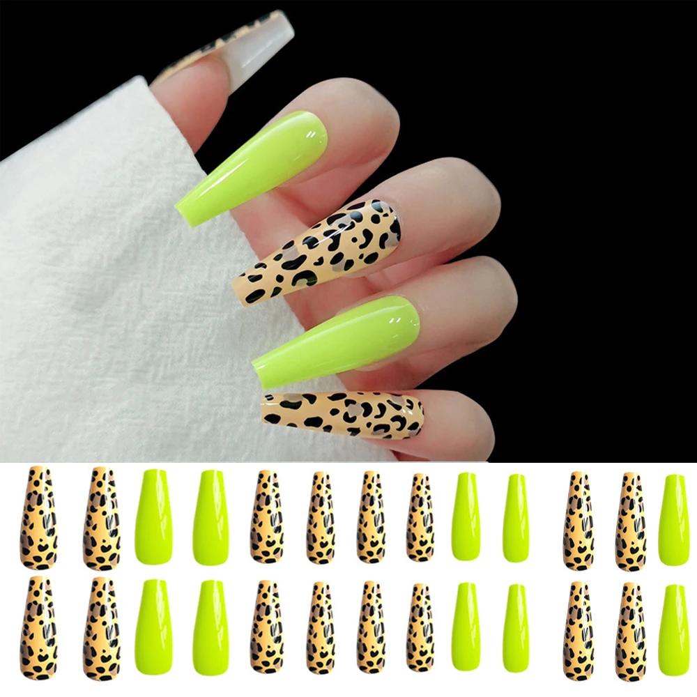 

24Pcs/Set Black Leopard Print Punk Fake Nails Extra Long Coffin False Nail Elegant Shiny Fluorescent Acrylic Nail Tips Manicure