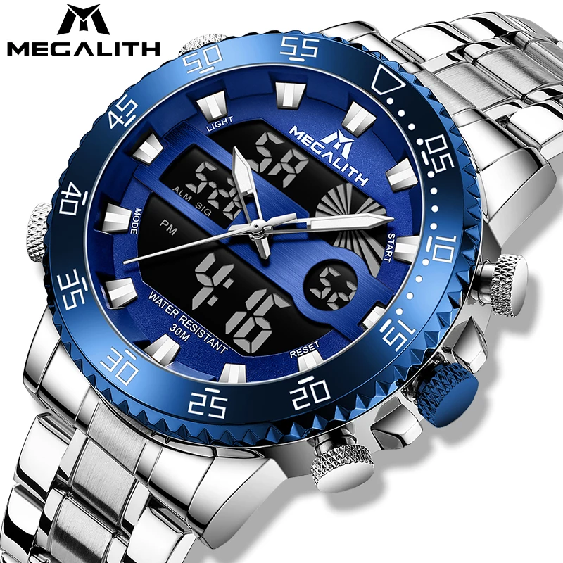 

MEGALITH Military Watch 2022 New Men's Luxury Wristwatch Analog Quartz Dual Display Watch Stainless Steel Waterproof Male Clock