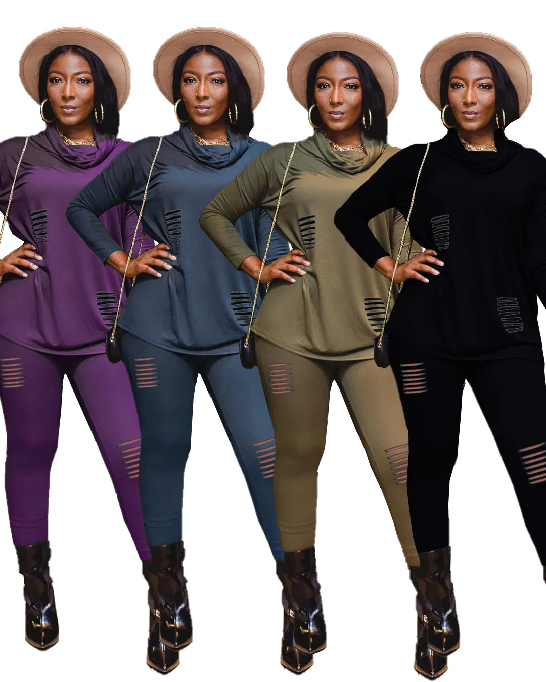 

78LY601 Autumn Winter Women Casual Fashion Solid Hole Backless Split Two Piece Set Top and Pants Tracksuit Sweatsuit Outfits