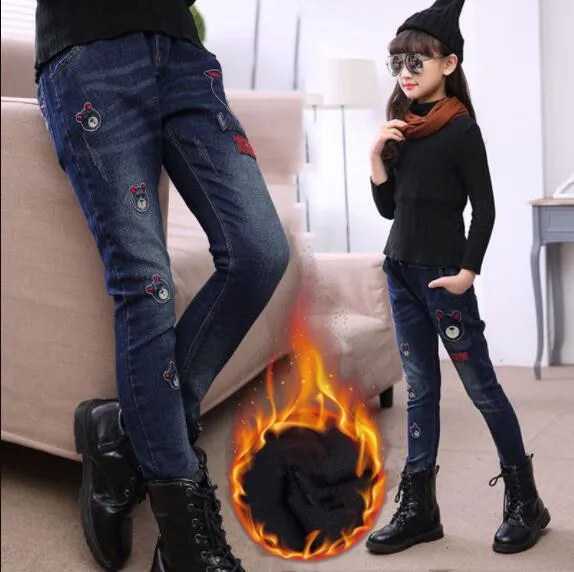 F630 fleece jeans Коллекция года, зимняя детская одежда джинсы для девочек повседневные узкие джинсы из плотного флиса для маленьких девочек, джинсы для крупных детей, длинные штаны - Цвет: F630 fleece jeans
