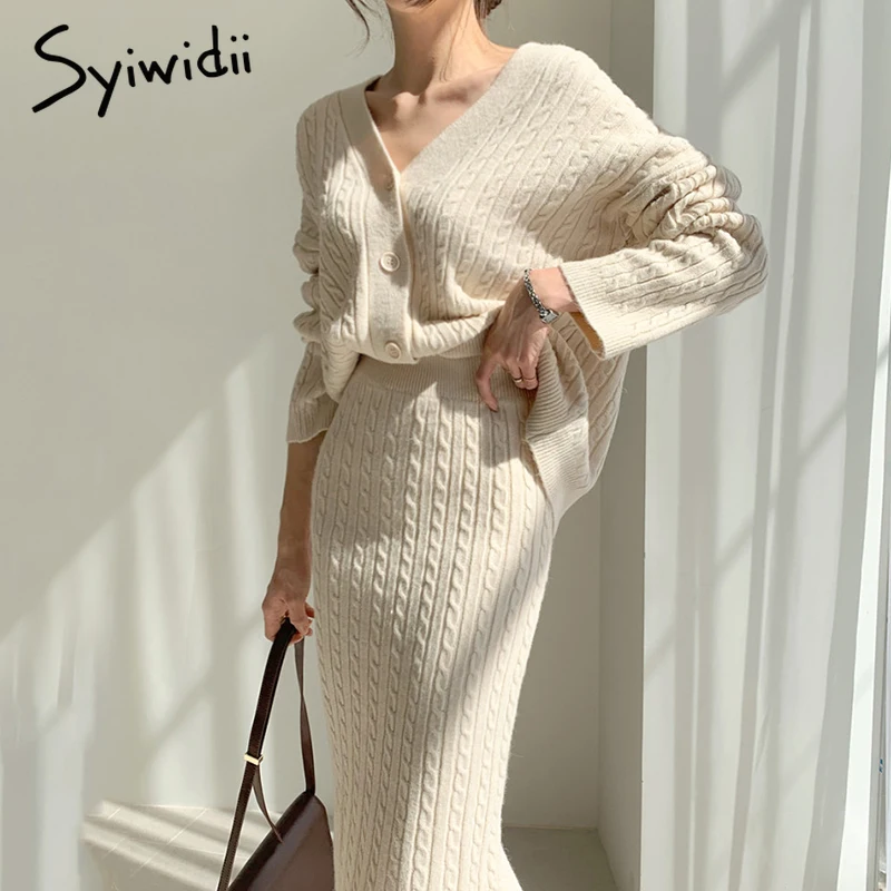 Syiwidii Knit 2 Piece Set Sweater Cardigans Midi Skirts Woman Fall Winter 2021 Elastic Band High Waist Long Skirt Office Outfits |