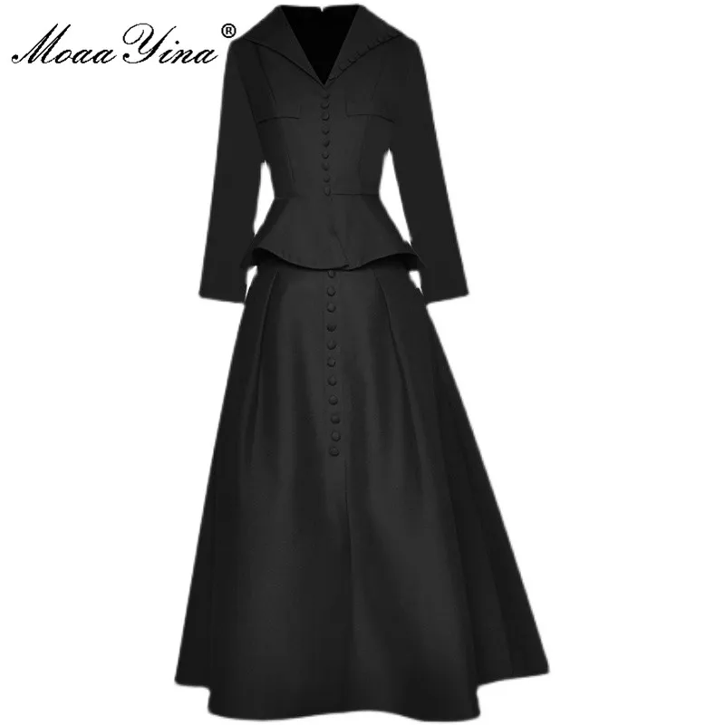 

MoaaYina, модный дизайнерский осенний костюм с юбкой, женский топ с круглым вырезом и рукавом 3/4, с рюшами и черная юбка, офисный повседневный ком...