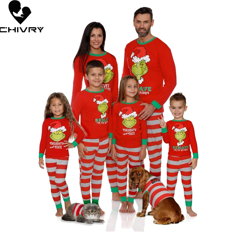 

New 2020 Xmas Christmas Pajamas Set Adult Women Kids Family Matching Clothes Xmas Family Sleepwear 2PCS Sets Top + Striped Pants