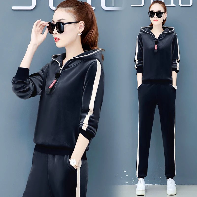 

Loose Pleuche Suit New Winter Fleece Hoodies Pants Women Casual Clothes Two-Piece Outfit Hoody Top Clothing Set Korean Fashion