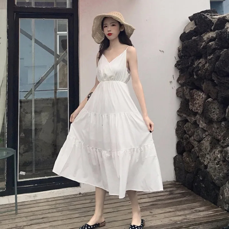 

Dresses Women Solid Simple V-neck Sleeveless Summer New Fashion Womens All Match Elegant Mid-calf Korean Style White Dress Chic