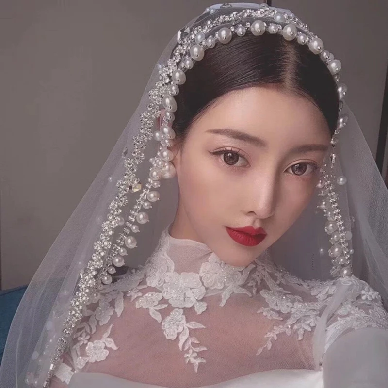 

Whitney NEW Wedding Collection White with Ivory Pearls Bride Veils 1.5Meter 3Meter Luxury Rhinestones Velos de Novia