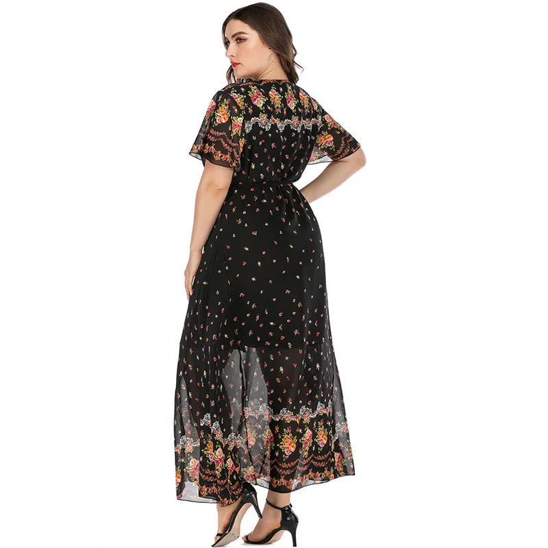 

Plus Size Dress Summer V-neck Short Sleeve Floral Printed Chiffon Bohemian Dress Large Size Women's Clothing TMZ8100