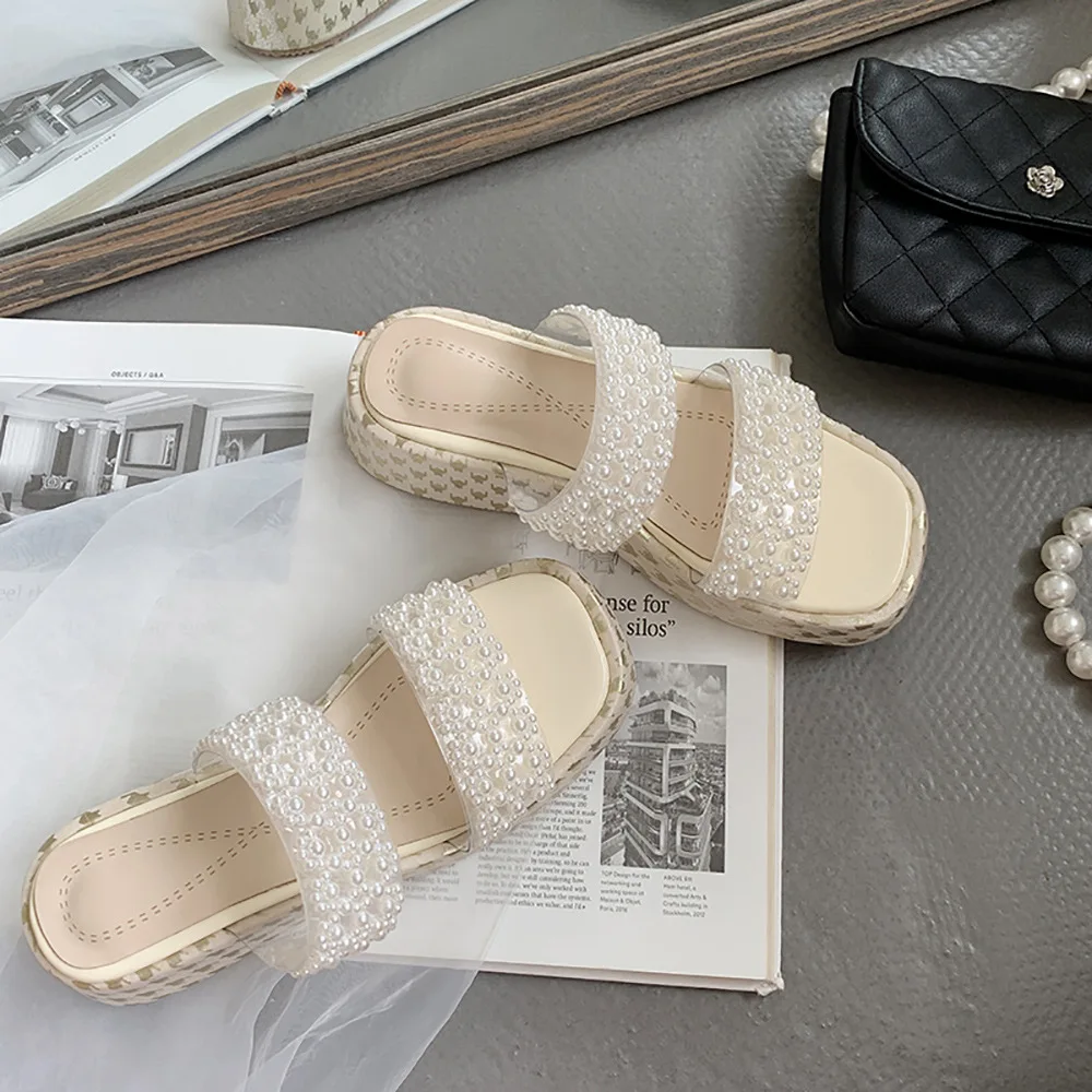 

Slippers Women Shoes 2021 New Summer Simple Fairy Style Flat Shoes Thick Bottom Ladies Pearl Roman Shoes Women