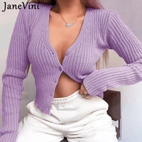 janevini casual v neck short women knitted sweaters purple blue spring autumn knit cardigan solid ladies single breasted shirt