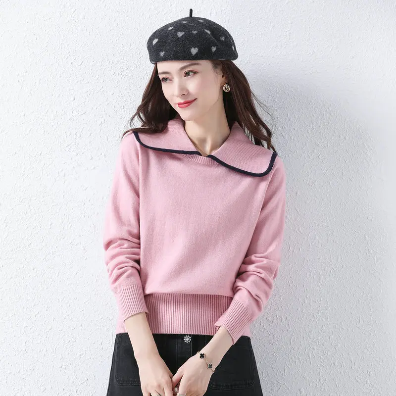 

Women Pink Black Pullover Sweaters Peter Striped Hem Pan Collar Soft Warm Cozy Knitted Top Plain Jersey Girls Ripple Knitwear