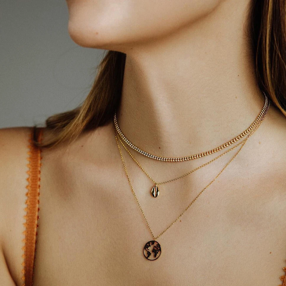 

multi layer necklace bead chain choker world map seashell pendant silver color gold color plated women gift