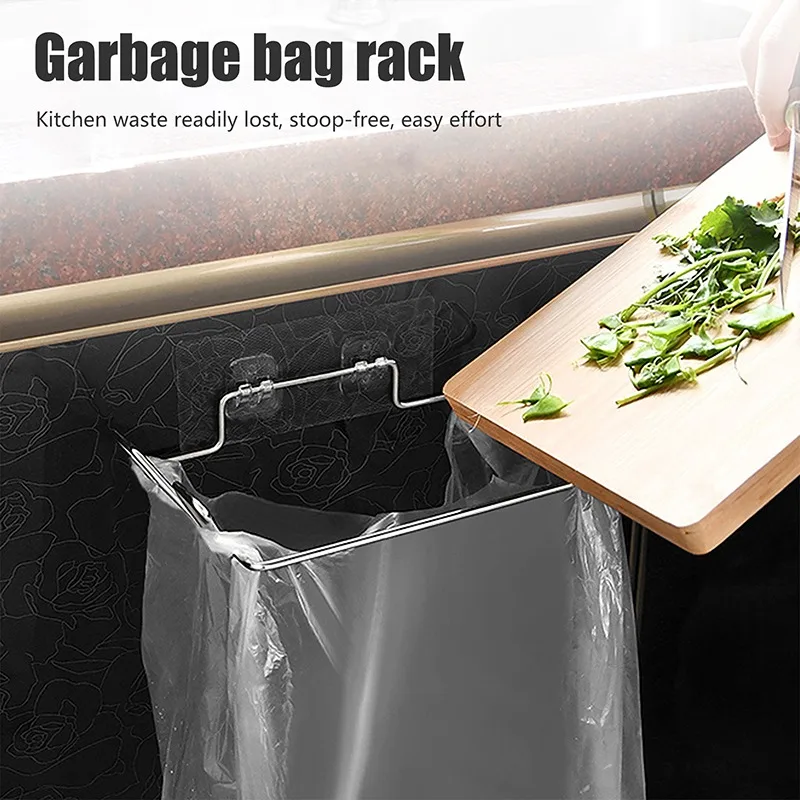 

Saving Space Kitchen Trash Rack Cabinet Door Garbage Bags Holder Stainless Steel Closet Storage Stand For Instant Garbage Bags