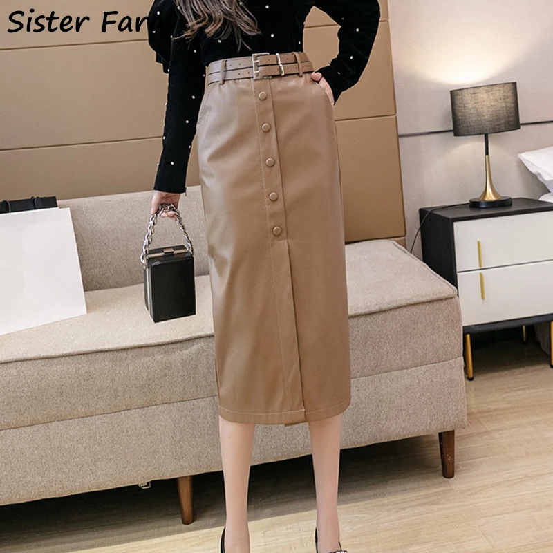 

Sister Fara Autumn Winter Faux PU Leather Long Skirts Women High Waist Single Breasted Ladies Mid-calf PU Leather Wrap Skirts