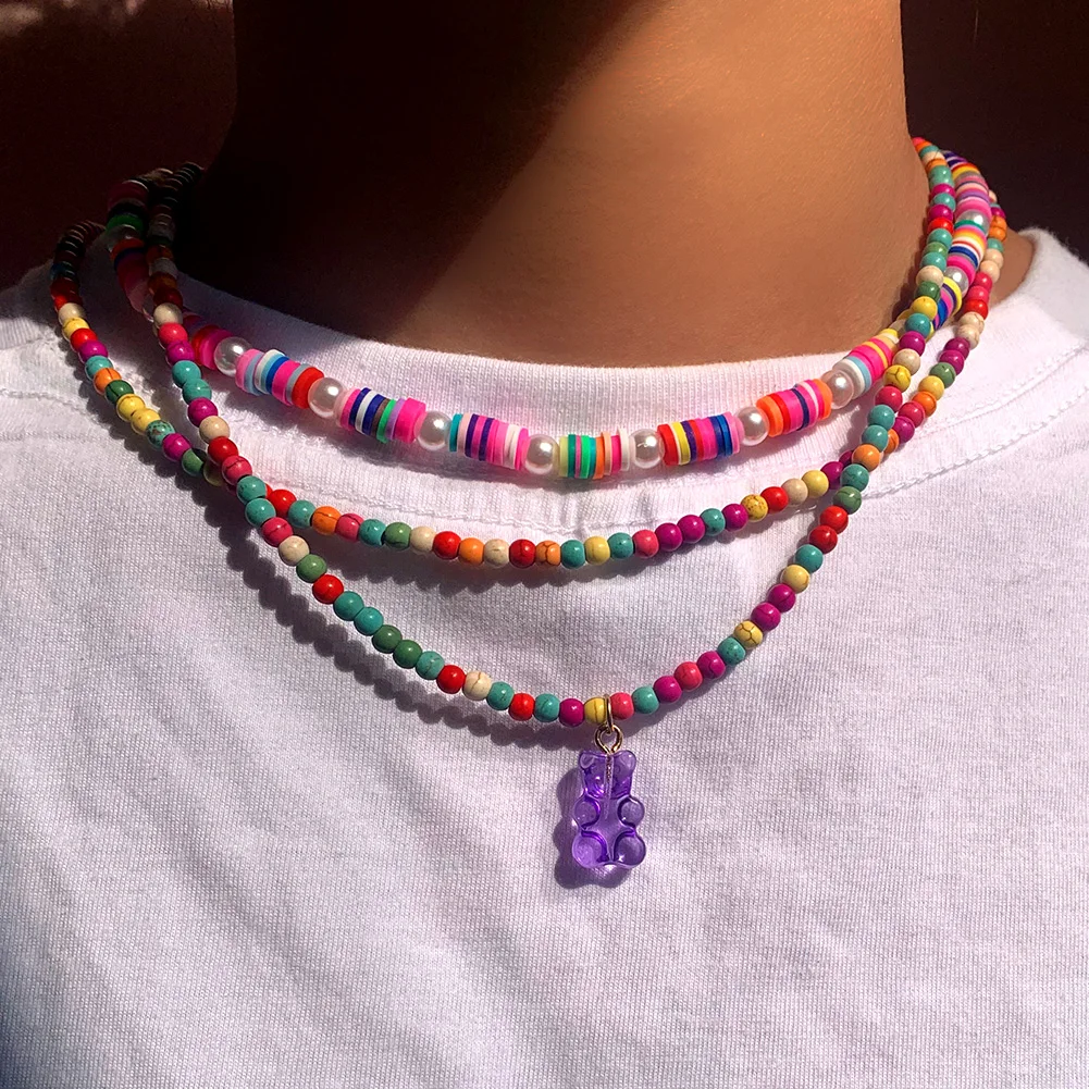 

2021 Trendy New Rainbow Color Clay Pearl Beaded Bear Necklace for Women Multi-layer Polymer Clay Beads Chain Necklace Jewelry