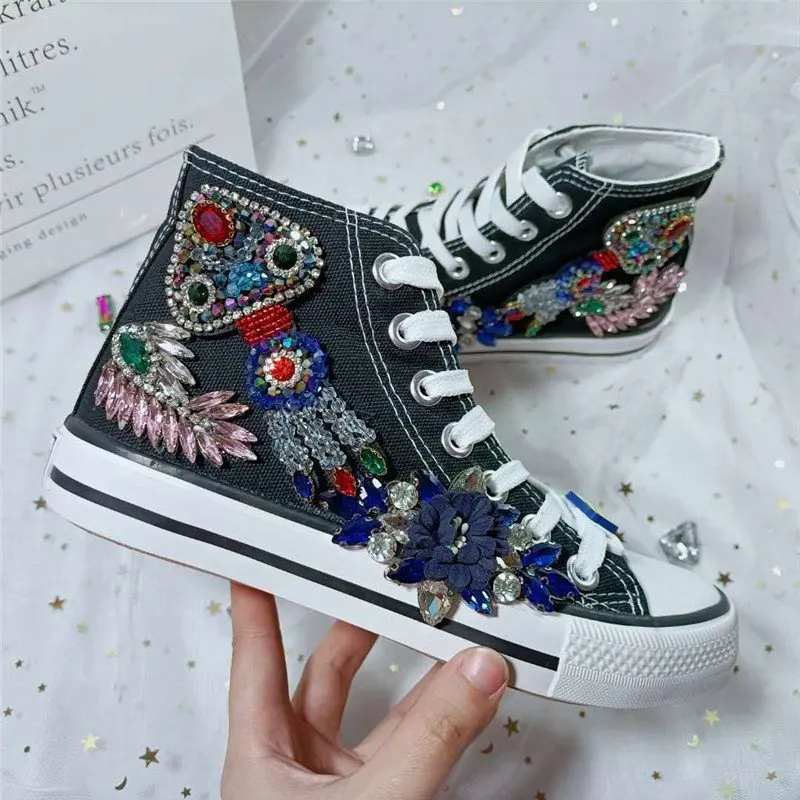 

High Top Canvas Shoes Women Diamond Beaded Women's Shoes Autumn and Winter 2021 New Lace Up Thick Soled Casual Shoes Comfortable
