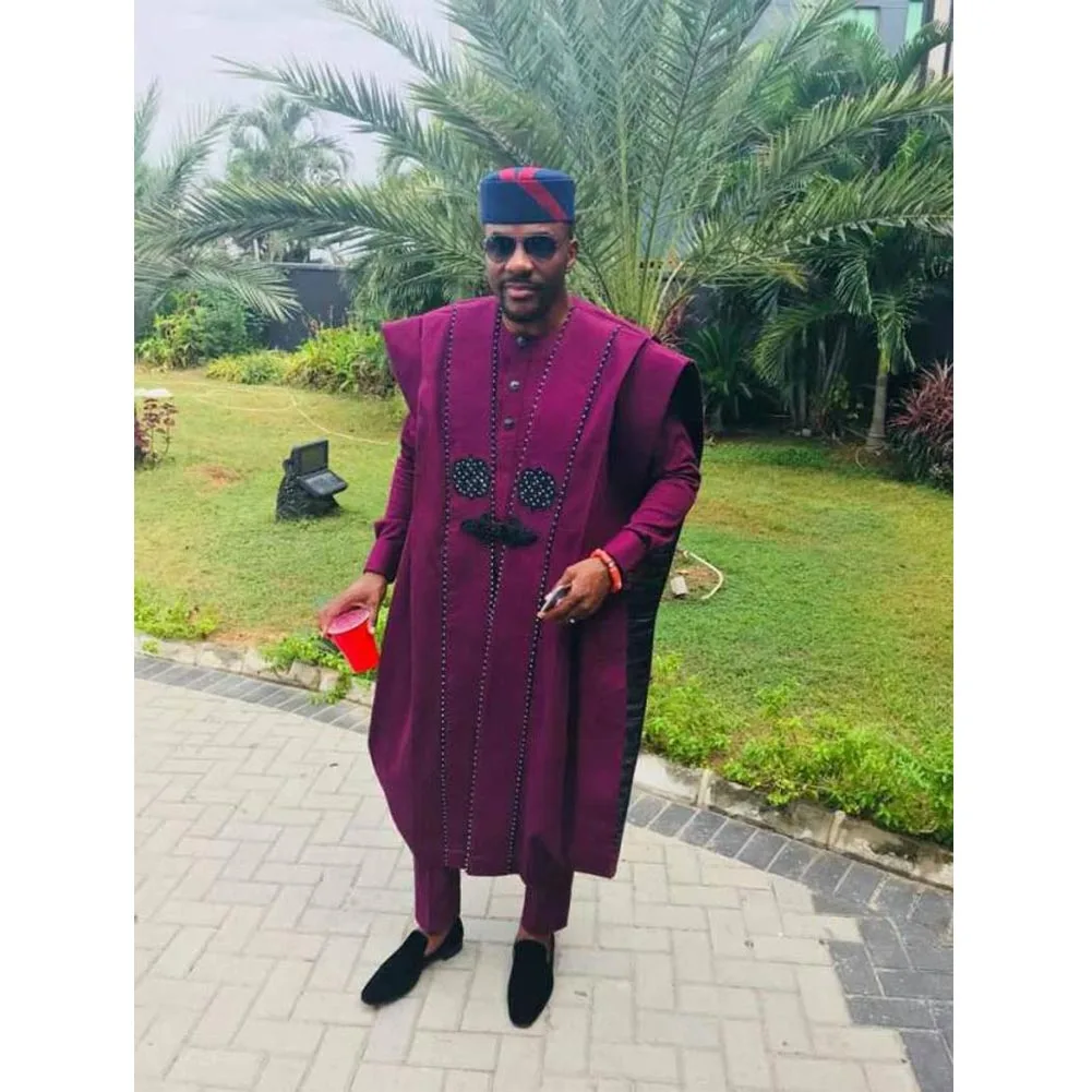 SUNGIFT Men's African Stylish Clothing Printed Agbada Dashiki Top Shirts and Pants Boubous Slim Fit Breathable Outfits 3 Pieces