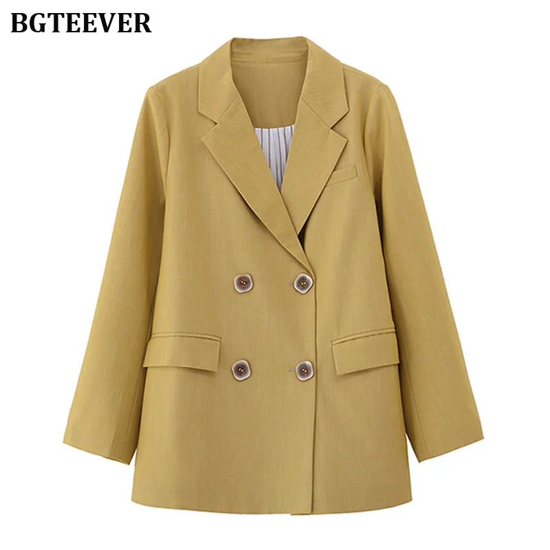 Блейзер Женский двубортный с карманами Желтый Повседневный свободный пиджак