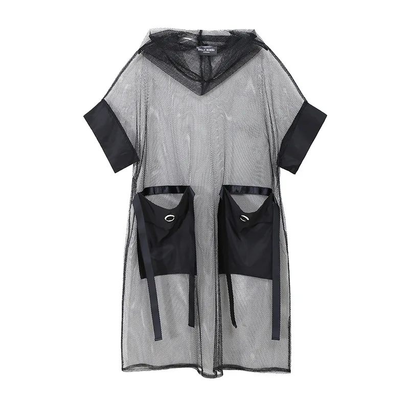 

SeeBeautiful Casual Loose Dress Female Perspective Mesh Hooded Short Sleeve Big Pockets Patch Spring 2021 New Fashion L312