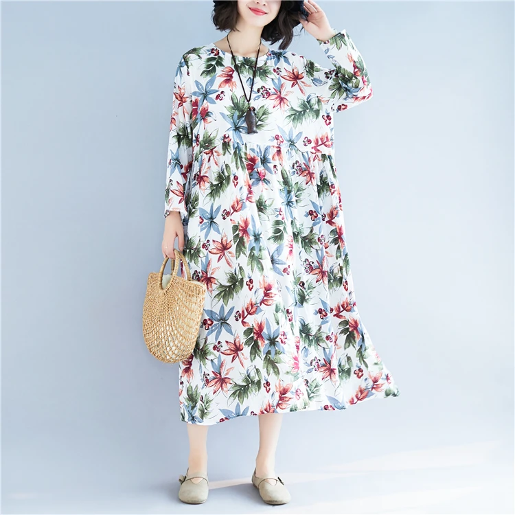 

COIGARSAM Floral Women dress Spring Cotton Linen High Waist Dresses 2162