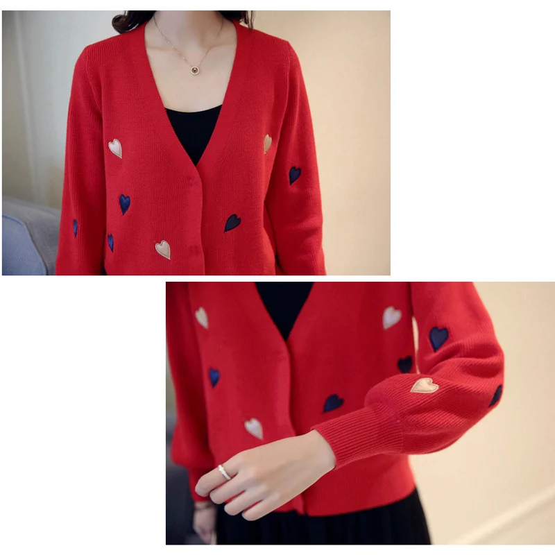 

Vintage V-Neck Women Knit Sweater Short Print Heart Cardigans Sweaters Spring Casual Knit Black Beige Sweater Cardigans RE0244