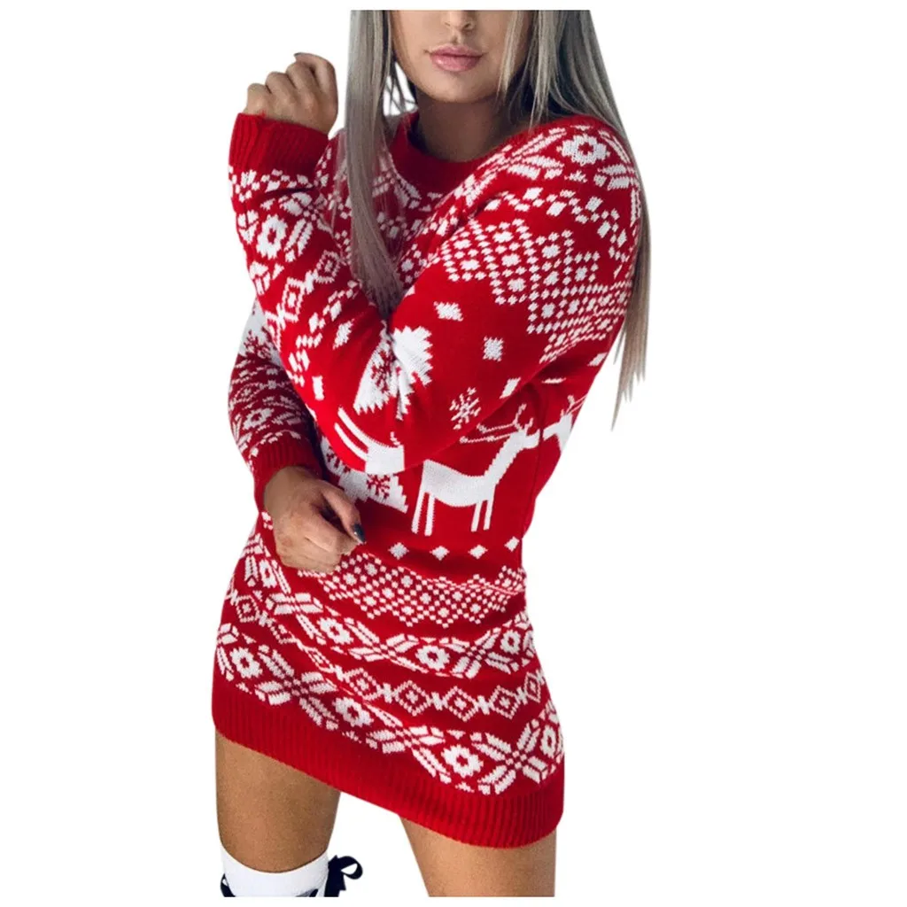 

Women's Elk Snowflake Christmas Xmas Pullover Sweater Dress winter autumn O Neck knit Mini Sweaters Dresses 2020 woman