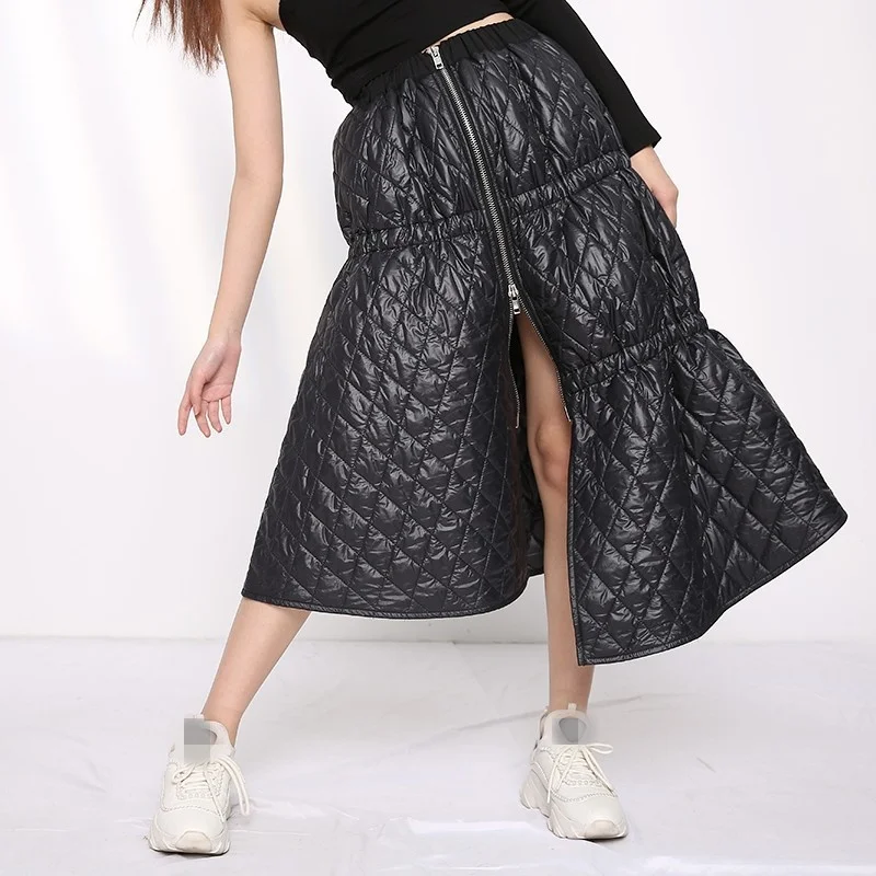 Winter Runway Asymmetrical Thicken Padded Diamond Lattice Skirt Women Fashion Designer High Waist Patchwork Zipper A Line Skirts