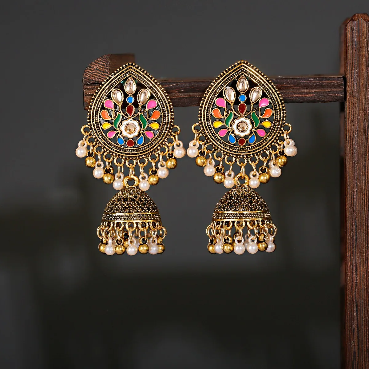 

Ethnic Women's Water Droplets Bollywood Oxidized Indian Earrings Vintage Flower Bohemian Pearl Tassel Jhumka Earrings серьги