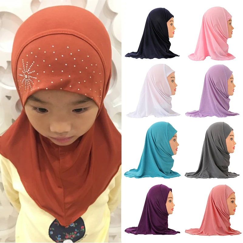 

50cm Beautiful Small Girl Amira Hijab Scarf with Rhinestone Fit 2-7 Years Old Muslim Kids Pull On Islamic Scarf Shawls Headscarf