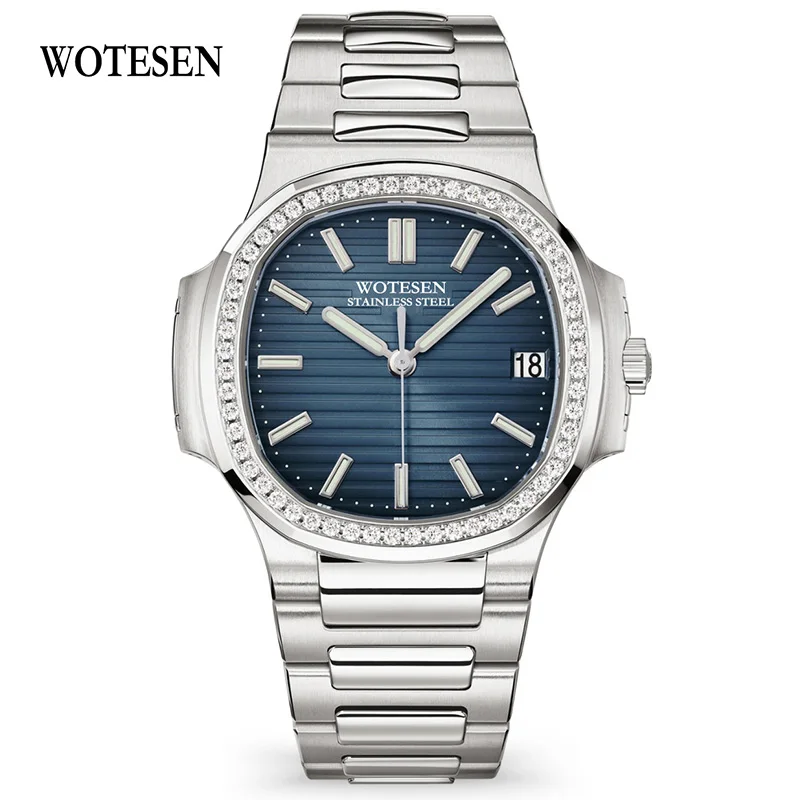 Silver Blue WOTESEN Top Mens Diamond Watches Quartz Brand Luxury Watches Men Quartz Steel Army Military Watches Male Business Wristwatch - Цвет: Silver Blue