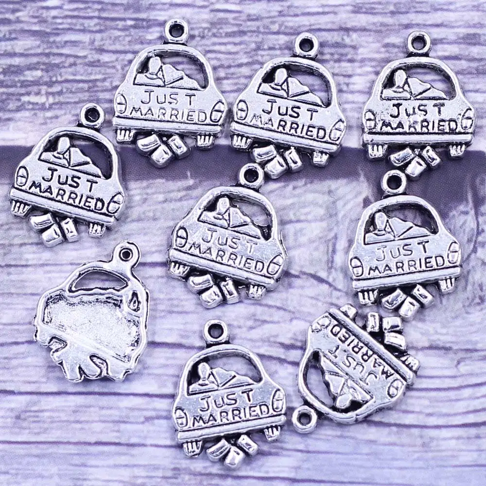 

10Pcs Pendants Car " Just Married " Heart Love Metal Silver Tone Jewelry DIY Findings Charms 20x16mm