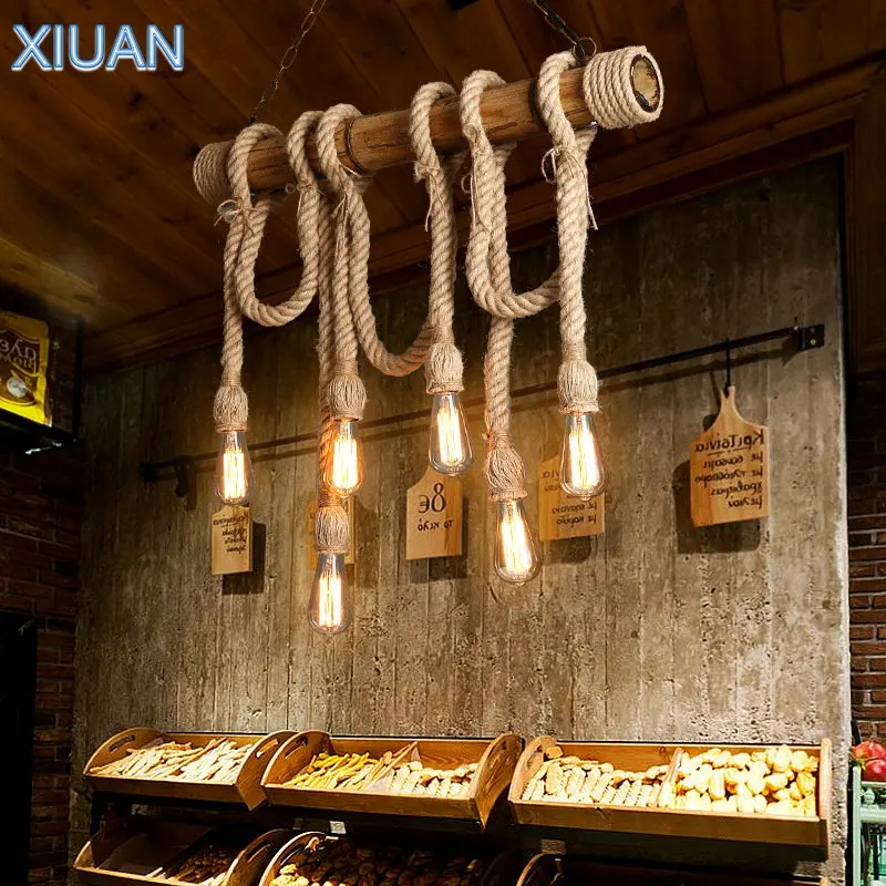 

American Rustic Vintage Bamboo Pendant Lamp Hemp Rope Restaurant Hanging Light E27 Edison Bulb Bar Coffee Shop Lighting