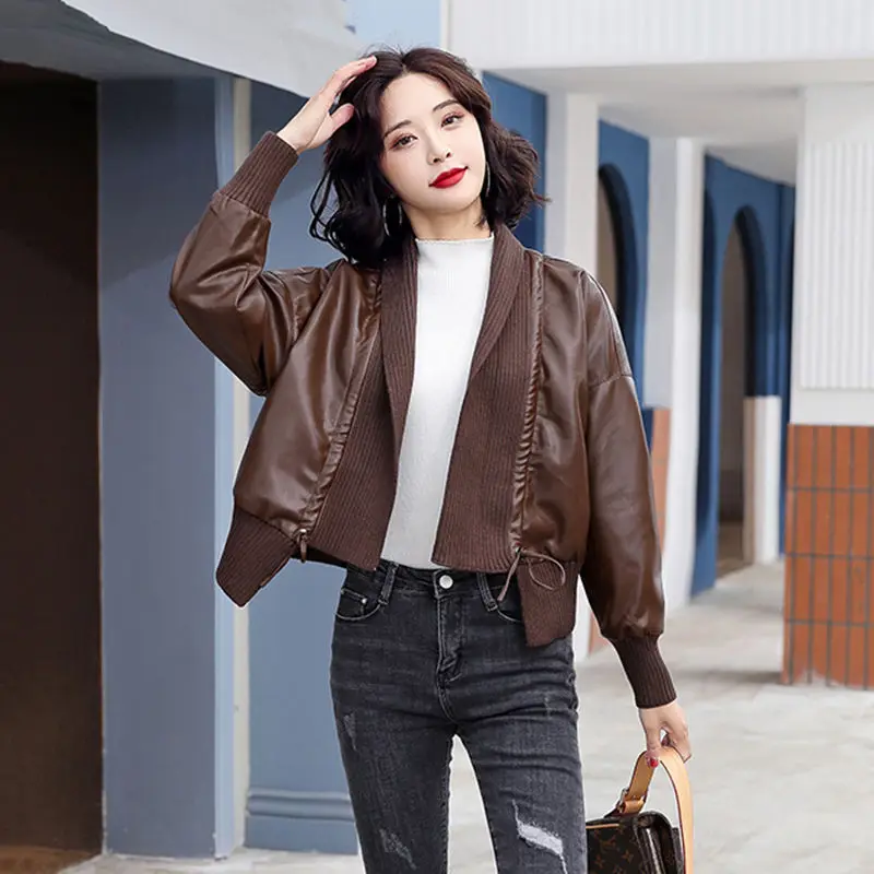 

Spring Autumn Women Faux Leather Jacket Ladies Solid V Neck Biker Coat Female Casual Outwear