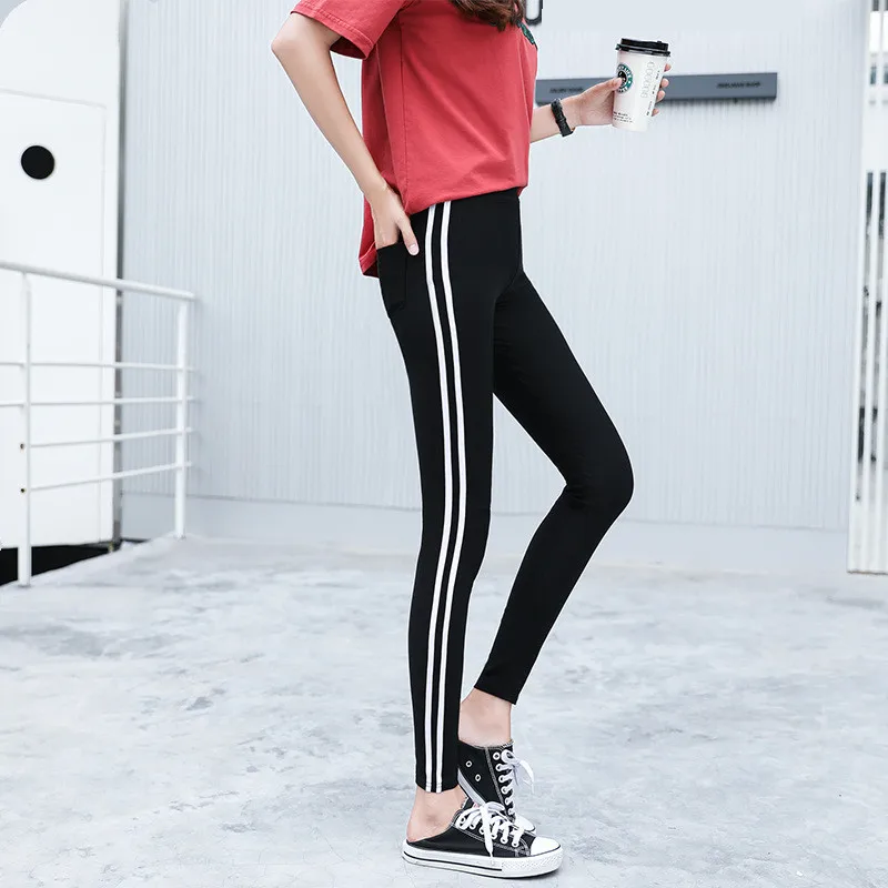 2018 весенние и летние женские повседневные спортивные штаны в черно белую полоску