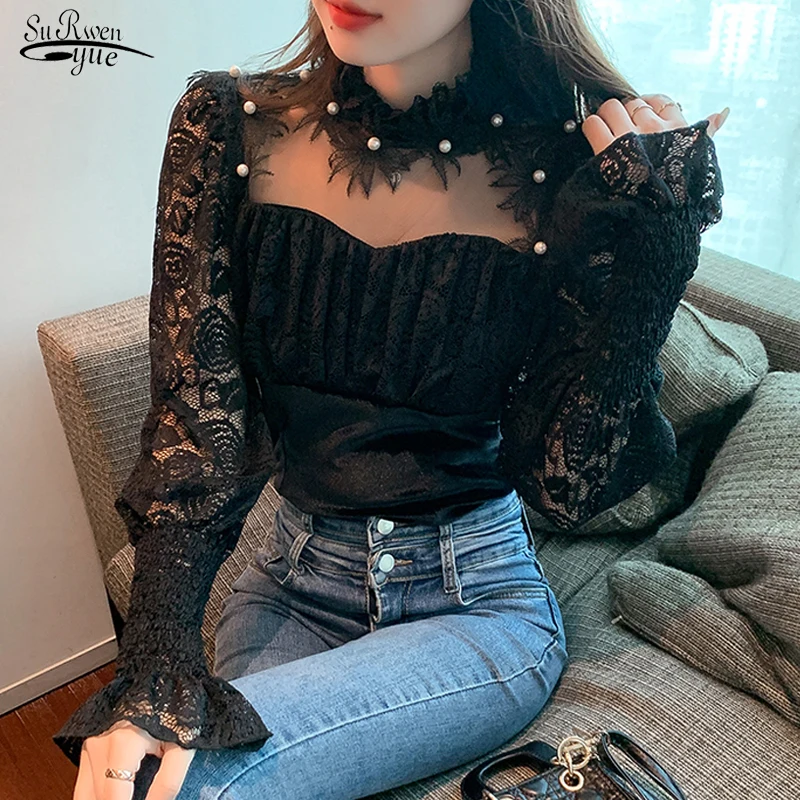 

Элегантная кружевная блузка с воротником-стойкой, Женская Осенняя бархатная модная Облегающая рубашка в Корейском стиле с бусинами и цвета...