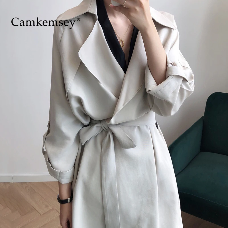 CamKemsey/осенний Повседневный длинный тренч для женщин, весенний длинный рукав, отложной воротник, короткие однотонные рабочие костюмы, пальто