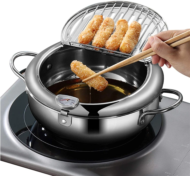 

1PC Japanese Deep Frying Pot with a Thermometer and a Lid Stainless Steel Kitchen Tempura Fryer Pan 20 24 cm WC 002