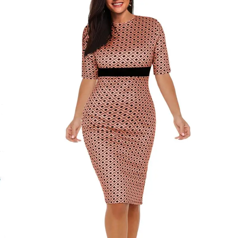Женское элегантное винтажное платье карандаш облегающее с круглым вырезом и