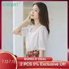 Блузка женская хлопковая в полоску, элегантная рубашка во французском стиле с квадратным воротником, с коротким рукавом и невидимыми цветами, белого цвета, на лето